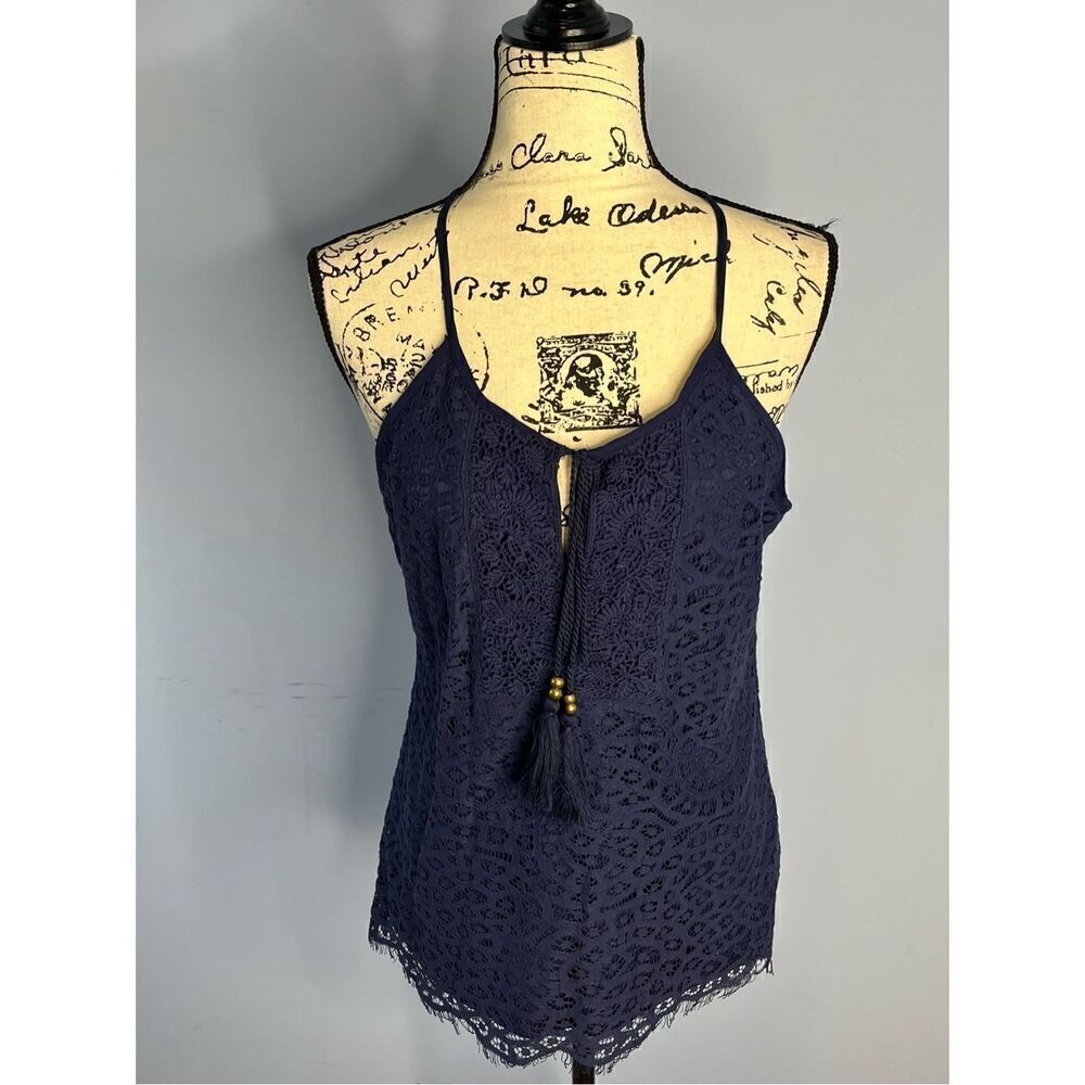 Solitaire Women's Medium Navy Blue Sleeveless BOHO Lace Blouse Top Tassel